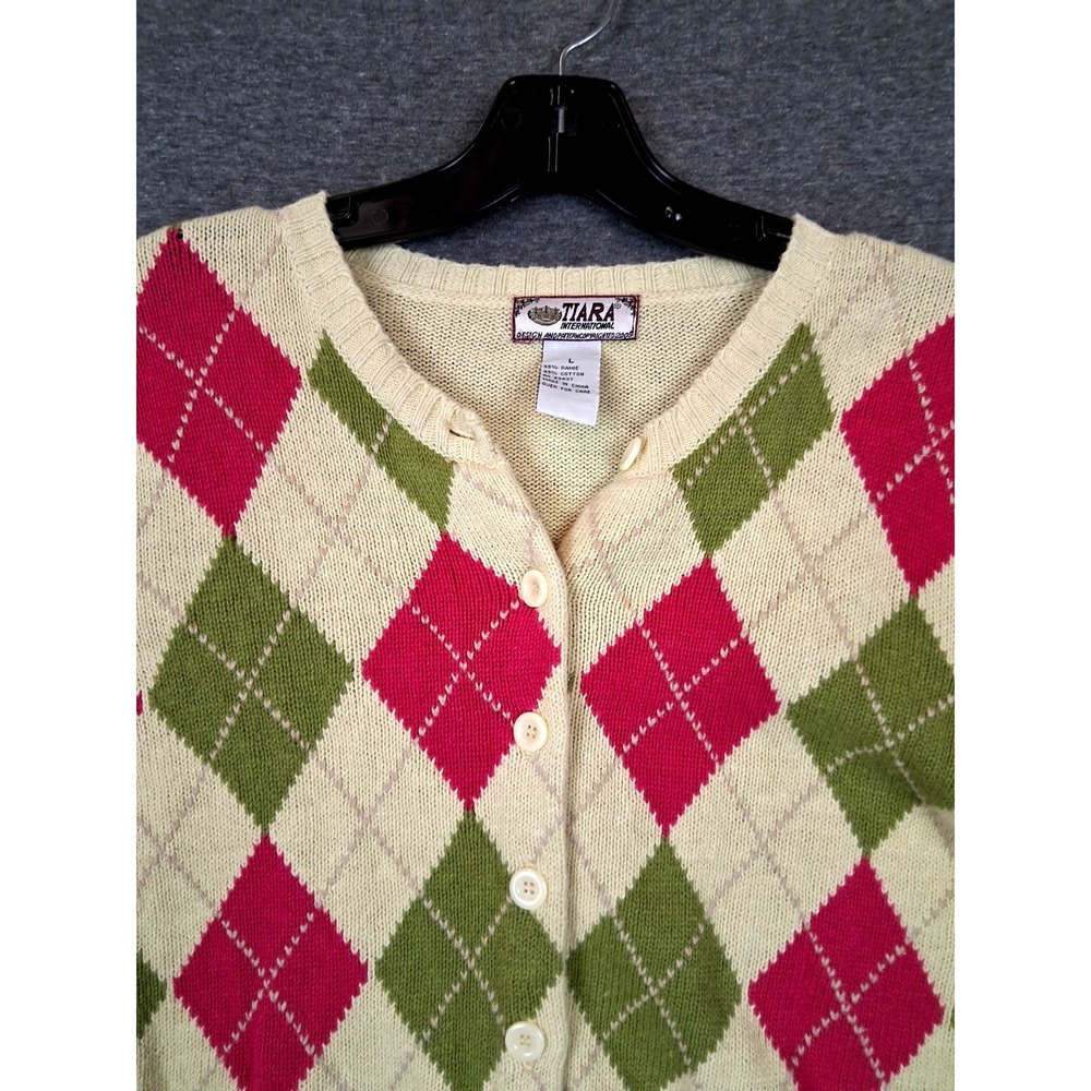 Tiara International Womens Sweater L Argyle Diamond Cardigan 90s Preppy Academia